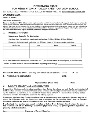 Physician’s Order for Medication at School