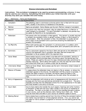 Divorce Information and Worksheet