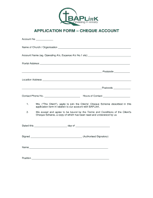 Church Cheque Account Application Form