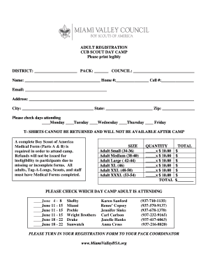 Cub Scout Day Camp Adult Registration Form