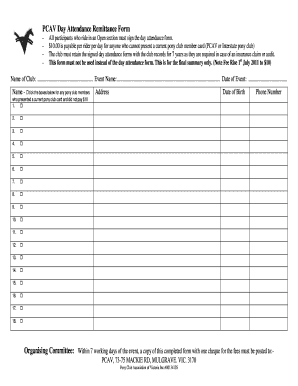 PCAV Day Attendance Remittance Form