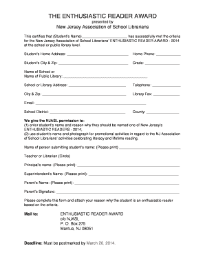 Enthusiastic Reader Award Application