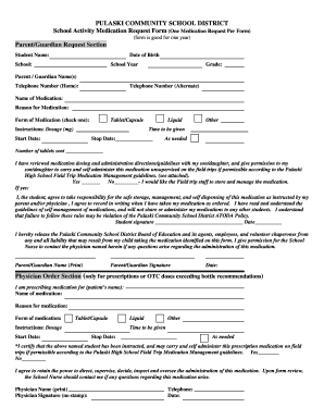 Pulaski School Activity Medication Request Form