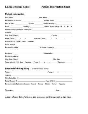 LCHC Medical Clinic Patient Information Sheet