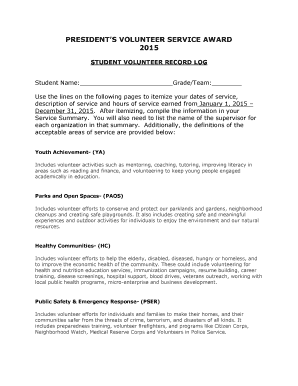 President's Volunteer Service Award Student Log