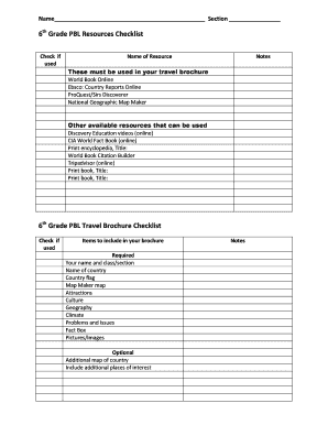 Fillable Online 6th Grade PBL Resources Checklist Fax Email Print ...