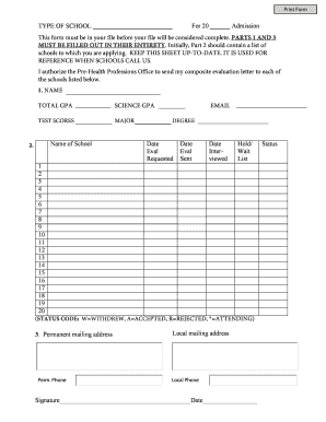 Pre-Health Professions School Application Form