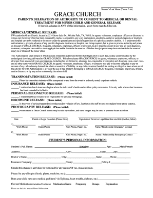 Parent’s Delegation of Authority to Consent to Medical or Dental Treatment for Minor Child and General Release