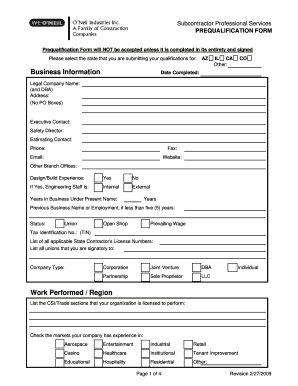 Subcontractor Prequalification Form