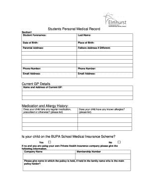 Student Personal Medical Record Form
