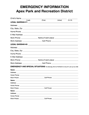 Apex Park and Recreation District Emergency Information Form