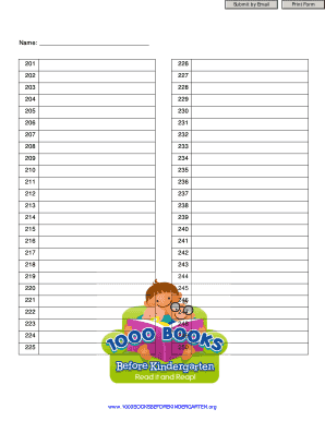 1000 Books Before Kindergarten Reading Log