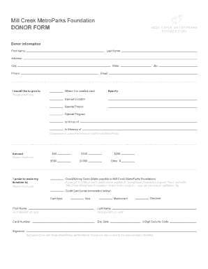 Mill Creek MetroParks Donor Form