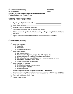 8th Grade Digital Animation Project Rubric