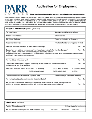 Parr Lumber Company Employment Application