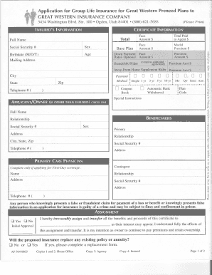 Group Life Insurance Application for Great Western Preneed Plans