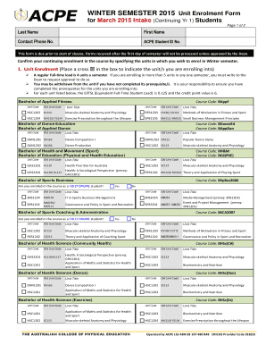 Winter Semester 2015 Unit Enrolment Form