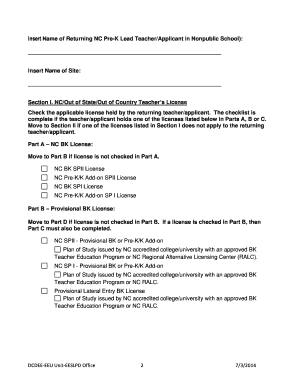 NC Pre-K Lead Teacher Eligibility Checklist