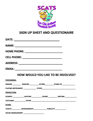 Sign Up Sheet and Questionnaire