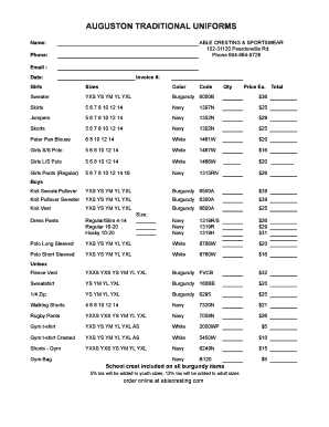 Invoice for Traditional Uniforms
