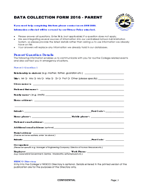 Sheldon College Data Collection Form 2016