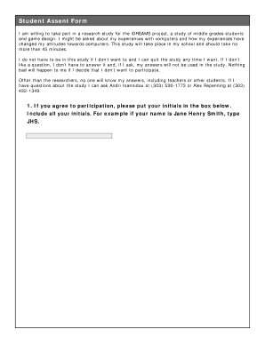 Student Assent Form for iDREAMS Project