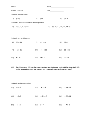 Math 7 Review Worksheet