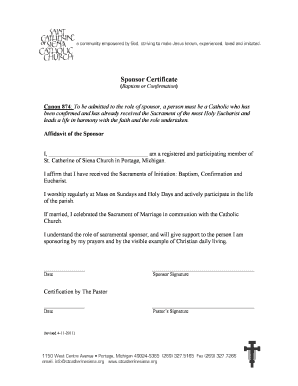 Catholic Sponsor Certificate