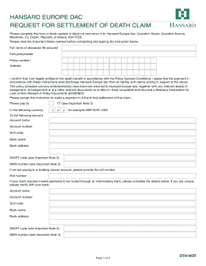 Hansard Europe Death Claim Form