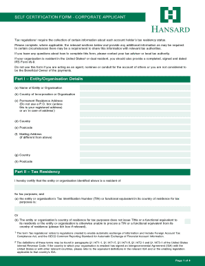 Self Certification Form - Corporate Applicant