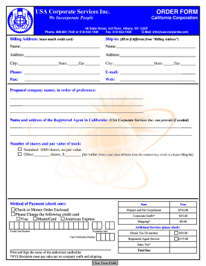 California Corporation Order Form
