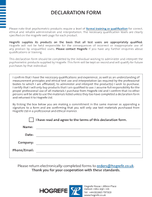 Psychometric Product Declaration Form