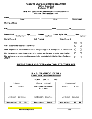 West Virginia Influenza/Pneumococcal Vaccination Consent Form