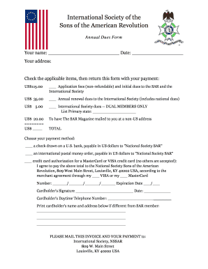 Sons of the American Revolution Annual Dues Form