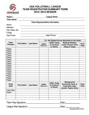 USA Volleyball League Team Registration Form