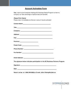 Enterprise Holdings BC Business Rental Program Activation Form
