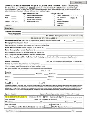 PTA Reflections Program Student Entry Form