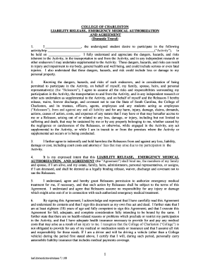 College of Charleston Liability Release and Emergency Medical Authorization