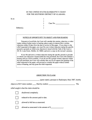 Bankruptcy Objection to Claim Form