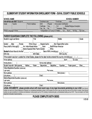 Elementary Student Information Enrollment Form