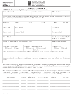 Proof of Death Group Insurance Claimant Statement