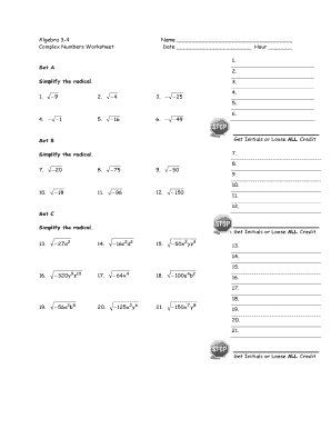 Algebra 3-4 Complex Numbers Worksheet