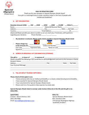Special Olympics Rhode Island Mail-In Donation Form