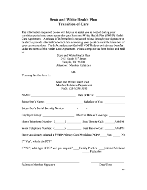 Scott and White Health Plan Transition of Care Form