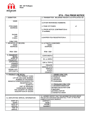 FDA Prior Notice Form