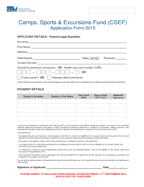 Camps Sports Excursions Fund Application Form