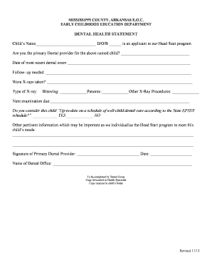Dental Health Statement for Head Start Program