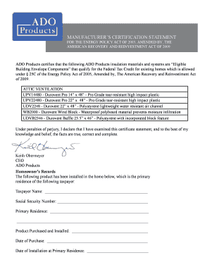 Manufacturer’s Certification Statement for Energy Tax Credit