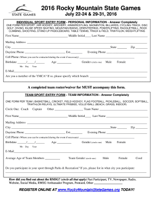 Rocky Mountain State Games Entry Form