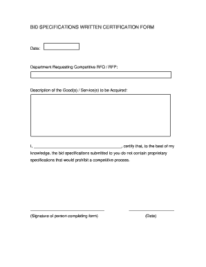 Bid Specifications Written Certification Form
